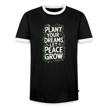 PFLANZT EURE TRÄUME, LASST FRIEDEN WACHSEN - Männer Kontrast-T-Shirt - Schwarz/Weiß - Vorne - AI Model Female 172 light (172cm) & AI Model Male 178 light (178cm)