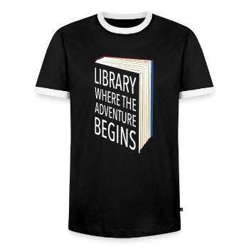 Adventure Begins At Your Library - Men's Ringer Shirt - black/white - Front - AI Model Female 172 light (172cm) & AI Model Male 178 light (178cm)