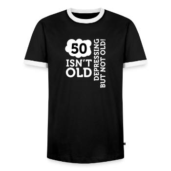 50 n'est pas vieux. En déprimant, mais pas vieux! - T-shirt contrasté Homme - noir/blanc - Devant - AI Model Female 172 light (172cm) & AI Model Male 178 light (178cm)