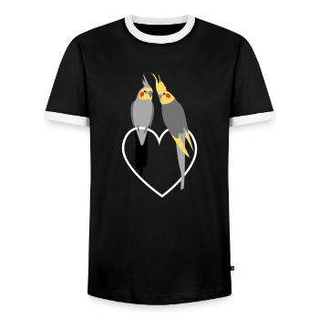 Nymphensittich Liebespaar auf Herz - Männer Kontrast-T-Shirt - Schwarz/Weiß - Vorne - AI Model Female 172 light (172cm) & AI Model Male 178 light (178cm)