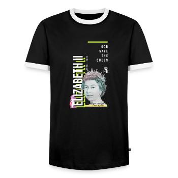 RIP Queen Elizabeth II, God Save the Queen, - Men's Ringer Shirt - black/white - Front - AI Model Female 172 light (172cm) & AI Model Male 178 light (178cm)