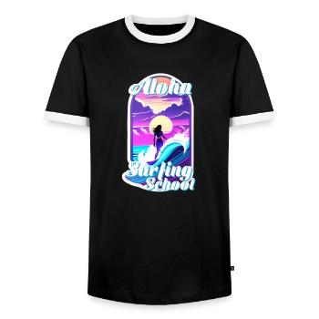 Aloha Surfing School - Retro Vintage - Men's Ringer Shirt - black/white - Front - AI Model Female 172 light (172cm) & AI Model Male 178 light (178cm)