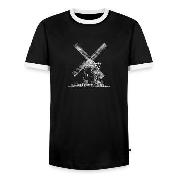 Windmill Historical Holland Hand Drawn - Men's Ringer Shirt - black/white - Front - AI Model Female 172 light (172cm) & AI Model Male 178 light (178cm)