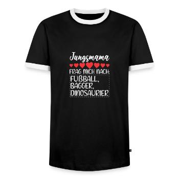Jungsmama Frag mich nach Fußball, Bagger, - Männer Kontrast-T-Shirt - Schwarz/Weiß - Vorne - AI Model Female 172 light (172cm) & AI Model Male 178 light (178cm)