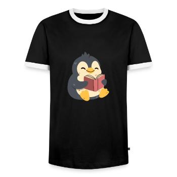 Penguin reading a book - Men's Ringer Shirt - black/white - Front - AI Model Female 172 light (172cm) & AI Model Male 178 light (178cm)