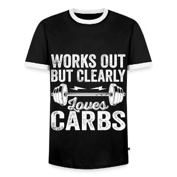 Works Out But Clearly Loves Carbs Funny Gym Outfit - Men's Ringer Shirt - black/white - Front - AI Model Female 172 light (172cm) & AI Model Male 178 light (178cm)