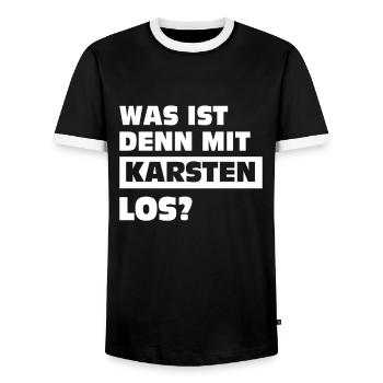 Was ist denn mit Karsten los? - Männer Kontrast-T-Shirt - Schwarz/Weiß - Vorne - AI Model Female 172 light (172cm) & AI Model Male 178 light (178cm)