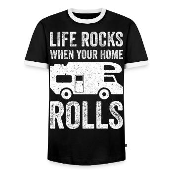 MOTORHOME Camping Shirt Camper Gift Vintage - Men's Ringer Shirt - black/white - Front - AI Model Female 172 light (172cm) & AI Model Male 178 light (178cm)