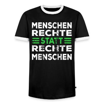 Menschenrechte statt rechte Menschen Spruch - Männer Kontrast-T-Shirt - Schwarz/Weiß - Vorne - AI Model Female 172 light (172cm) & AI Model Male 178 light (178cm)