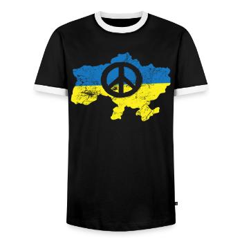 Signe de paix devant le drapeau ukrainien - T-shirt contrasté Homme - noir/blanc - Devant - AI Model Female 172 light (172cm) & AI Model Male 178 light (178cm)