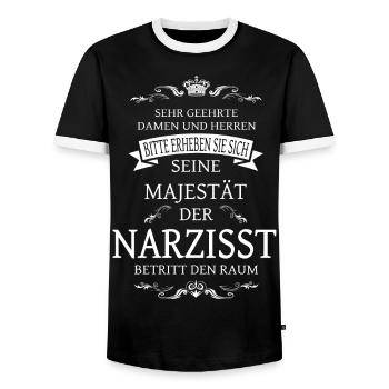 Seine Majestät der Narzisst betritt den Raum Shirt - Männer Kontrast-T-Shirt - Schwarz/Weiß - Vorne - AI Model Female 172 light (172cm) & AI Model Male 178 light (178cm)