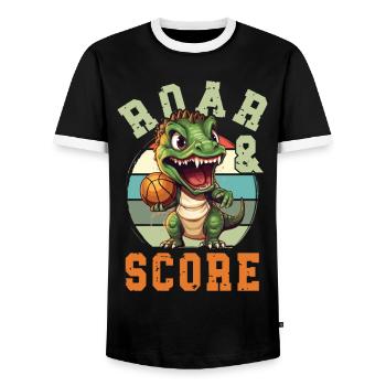 Basketball Dino T-Rex Player Sports Comic Cartoon - Men's Ringer Shirt - black/white - Front - AI Model Female 172 light (172cm) & AI Model Male 178 light (178cm)