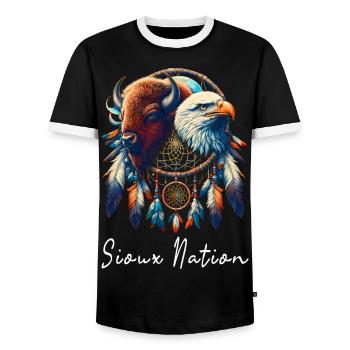 Sioux Nation Eagle Bison Dreamcatcher T Shirt - Men's Ringer Shirt - black/white - Front - AI Model Female 172 light (172cm) & AI Model Male 178 light (178cm)