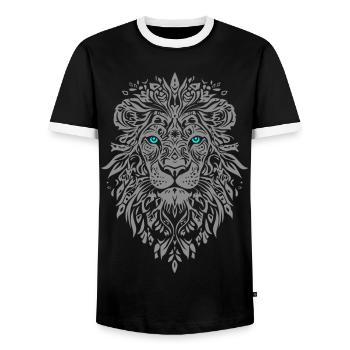 Silver Lion Face Blue Eyes - Men's Ringer Shirt - black/white - Front - AI Model Female 172 light (172cm) & AI Model Male 178 light (178cm)