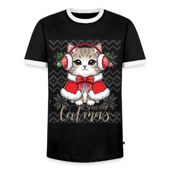 Chat Noël avec écouteurs rouges et cape - T-shirt contrasté Homme - noir/blanc - Devant - AI Model Female 172 light (172cm) & AI Model Male 178 light (178cm)