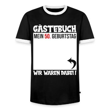 Guestbook 50th Birthday – We are waiting - Men's Ringer Shirt - black/white - Front - AI Model Female 172 light (172cm) & AI Model Male 178 light (178cm)
