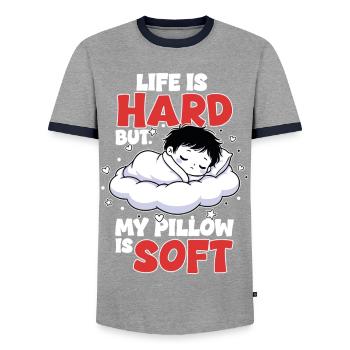 Sleep Cloud Life is Hard My Pillow Soft - Men's Ringer Shirt - grey/navy  - Front - AI Model Female 172 light (172cm) & AI Model Male 178 light (178cm)