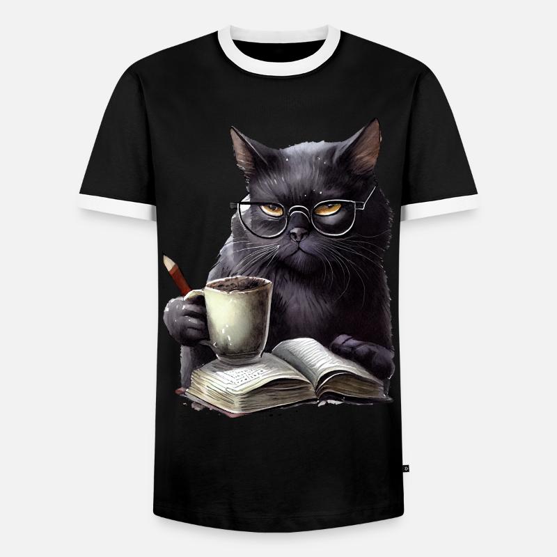 Black cat reading book - Men's Ringer Shirt - black/white