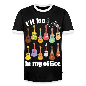 I'll be in my office! With ukuleles - Men's Ringer Shirt - black/white - Front - AI Model Female 172 light (172cm) & AI Model Male 178 light (178cm)