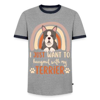 Mignon Boston Terrier Lover Kawaii - T-shirt contrasté Homme - gris/marine  - Devant - AI Model Female 172 light (172cm) & AI Model Male 178 light (178cm)