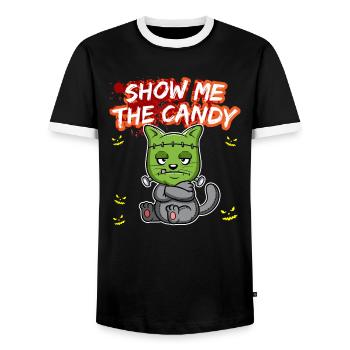 Show Me The Candy Halloween Costume Trick Or Treat - Men's Ringer Shirt - black/white - Front - AI Model Female 172 light (172cm) & AI Model Male 178 light (178cm)