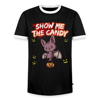 Show Me The Candy Halloween Costume Trick Or Treat - Men's Ringer Shirt - black/white - Front - AI Model Female 172 light (172cm) & AI Model Male 178 light (178cm)