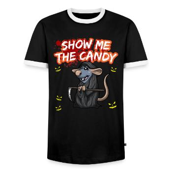 Show Me The Candy Halloween Costume Trick Or Treat - Men's Ringer Shirt - black/white - Front - AI Model Female 172 light (172cm) & AI Model Male 178 light (178cm)