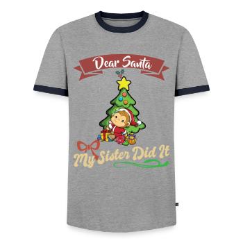 Dear Santa My Sister Did It Siblings Christmas - Men's Ringer Shirt - grey/navy  - Front - AI Model Female 172 light (172cm) & AI Model Male 178 light (178cm)