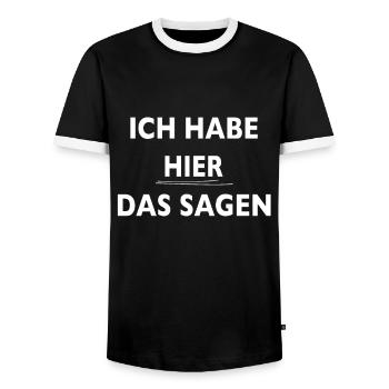 Lustig Witz Ich habe hier das sagen Geschenk Shirt - Männer Kontrast-T-Shirt - Schwarz/Weiß - Vorne - AI Model Female 172 light (172cm) & AI Model Male 178 light (178cm)