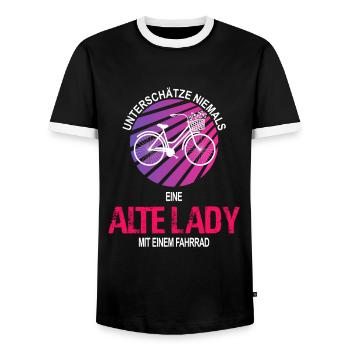Unterschätze niemals eine alte Frau, Fahrrad - Männer Kontrast-T-Shirt - Schwarz/Weiß - Vorne - AI Model Female 172 light (172cm) & AI Model Male 178 light (178cm)