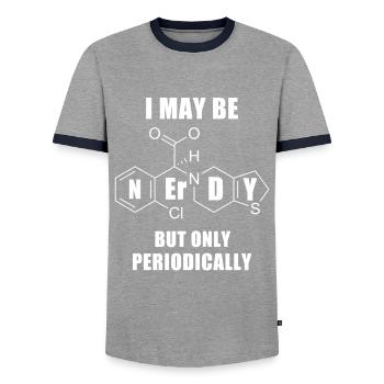 I May Be Nerdy. Geek fun and nerd love. - Men's Ringer Shirt - grey/navy  - Front - AI Model Female 172 light (172cm) & AI Model Male 178 light (178cm)