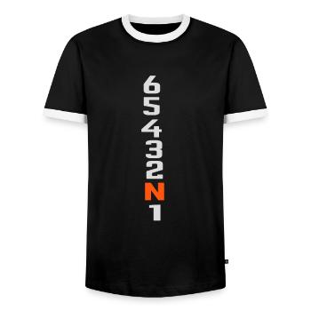 Changement de vitesse de moto - T-shirt contrasté Homme - noir/blanc - Devant - AI Model Female 172 light (172cm) & AI Model Male 178 light (178cm)