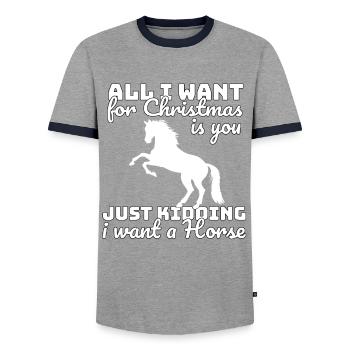 Christmas horse saying - Men's Ringer Shirt - grey/navy  - Front - AI Model Female 172 light (172cm) & AI Model Male 178 light (178cm)