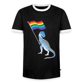 Dinosaurier Gay Pride Flag LBGTQ Homosexuell Lesben TRex - Männer Kontrast-T-Shirt - Schwarz/Weiß - Vorne - AI Model Female 172 light (172cm) & AI Model Male 178 light (178cm)