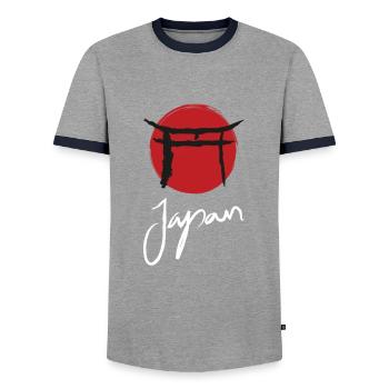 Japan Shirt Torii Gate Pagoda Red Imperial - Men's Ringer Shirt - grey/navy  - Front - AI Model Female 172 light (172cm) & AI Model Male 178 light (178cm)