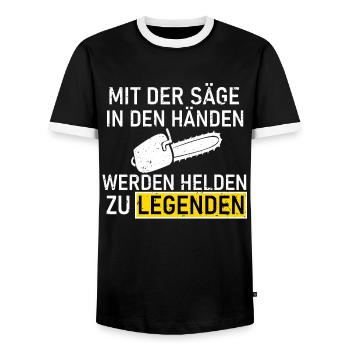Mit Säge In Händen Helden Kettensäge Förster - Männer Kontrast-T-Shirt - Schwarz/Weiß - Vorne - AI Model Female 172 light (172cm) & AI Model Male 178 light (178cm)