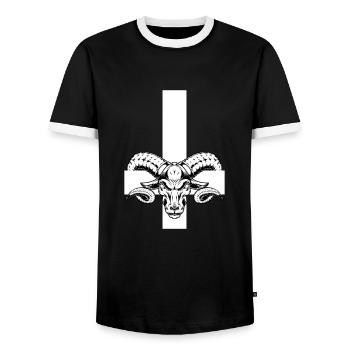 Inverted cross with ram's head - St. Peter's cross - Men's Ringer Shirt - black/white - Front - AI Model Female 172 light (172cm) & AI Model Male 178 light (178cm)