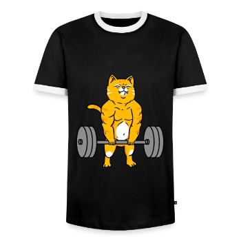 Katze beim Kreuzheben Fitness Katze - Männer Kontrast-T-Shirt - Schwarz/Weiß - Vorne - AI Model Female 172 light (172cm) & AI Model Male 178 light (178cm)