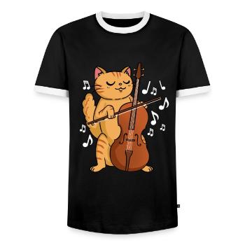 Katze mit Cello Cellisten - Männer Kontrast-T-Shirt - Schwarz/Weiß - Vorne - AI Model Female 172 light (172cm) & AI Model Male 178 light (178cm)