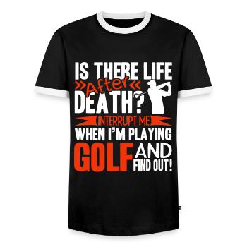 Golf Don't Interrupt When I'm Golfing - Men's Ringer Shirt - black/white - Front - AI Model Female 172 light (172cm) & AI Model Male 178 light (178cm)