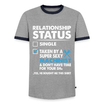 Relationship Status Taken By Super Sexy Machinist - Men's Ringer Shirt - grey/navy  - Front - AI Model Female 172 light (172cm) & AI Model Male 178 light (178cm)