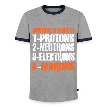 Proton Neutron Electron Moron Univers Atoms - T-shirt contrasté Homme - gris/marine  - Devant - AI Model Female 172 light (172cm) & AI Model Male 178 light (178cm)