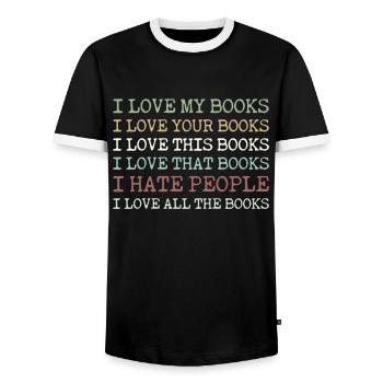 I Love My Books Your Books This Books That Books - Men's Ringer Shirt - black/white - Front - AI Model Female 172 light (172cm) & AI Model Male 178 light (178cm)
