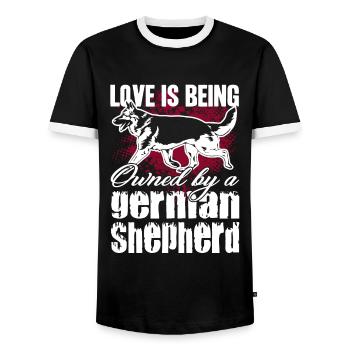 German Shepherd Owned By German Shepherd - Men's Ringer Shirt - black/white - Front - AI Model Female 172 light (172cm) & AI Model Male 178 light (178cm)