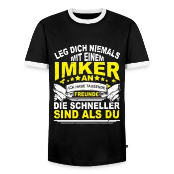 Leg Dich Niemals Mit Imker an Bienen Spruch - Männer Kontrast-T-Shirt - Schwarz/Weiß - Vorne - AI Model Female 172 light (172cm) & AI Model Male 178 light (178cm)