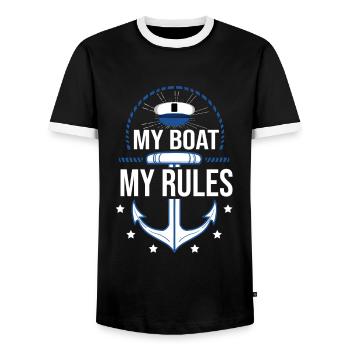 My Boat My Rules Gift Boat Owners - Men's Ringer Shirt - black/white - Front - AI Model Female 172 light (172cm) & AI Model Male 178 light (178cm)