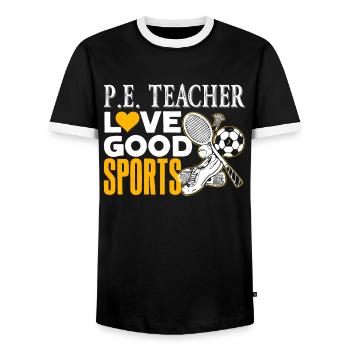 PE Teacher PE Teacher Loves Good Sports - Men's Ringer Shirt - black/white - Front - AI Model Female 172 light (172cm) & AI Model Male 178 light (178cm)