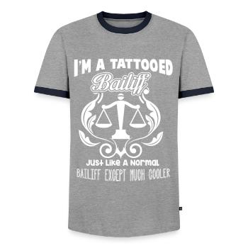 I m A Tattooed Bailiff - T-shirt contrasté Homme - gris/marine  - Devant - AI Model Female 172 light (172cm) & AI Model Male 178 light (178cm)