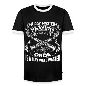 Oboe A Day Playing Oboe - Men's Ringer Shirt - black/white - Front - AI Model Female 172 light (172cm) & AI Model Male 178 light (178cm)