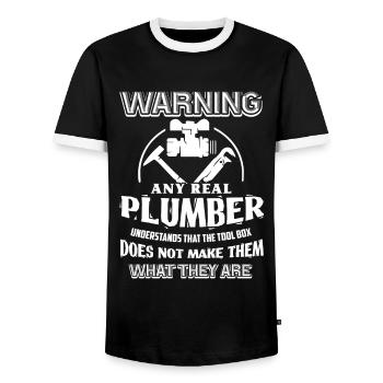 Plumber Plumber Warning - Men's Ringer Shirt - black/white - Front - AI Model Female 172 light (172cm) & AI Model Male 178 light (178cm)